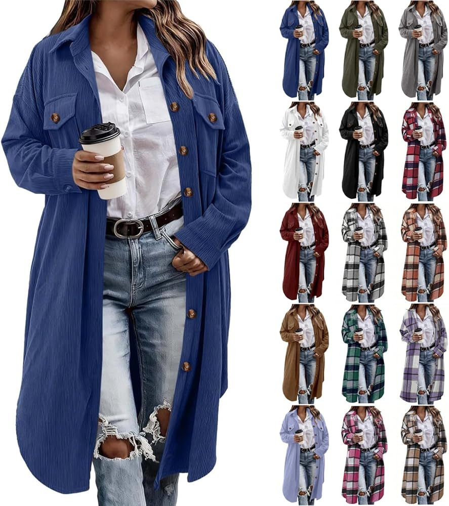Flannel Shirt Women Plaid Jacket Womens Shacket Casual Lapel Button Down Long Sleeve Trench Coat ... | Amazon (US)