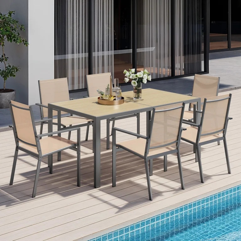 Aiho 7 Pieces Patio Table and Chairs Set, All-Weather Outdoor Dining Set with Umbrella Hole & 6 T... | Walmart (US)