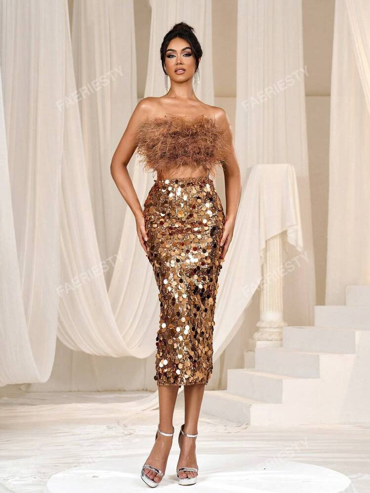 Faeriesty Elegant Stylish Tube Top & Sequin Slit Back Skirt | SHEIN