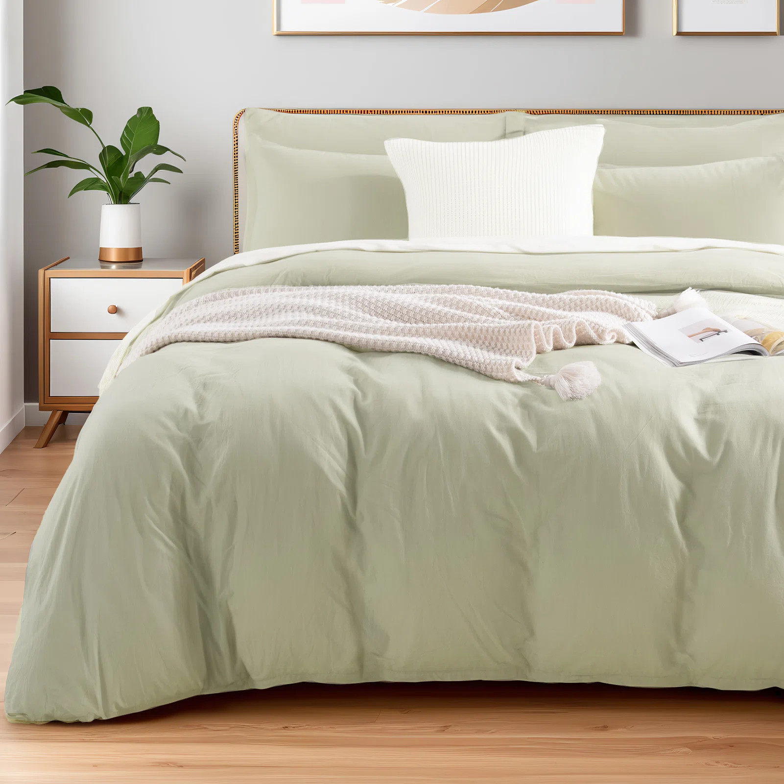 NEXHOME PRO Duvet Cover Set King Size Linen Feel Textured Organic Natural 100% Washed Cotton Duvet Cover 3 Pieces Bedding Set with Zipper Closure, Breathable, Soft, Mint Green (No Comforter) | Wayfair North America