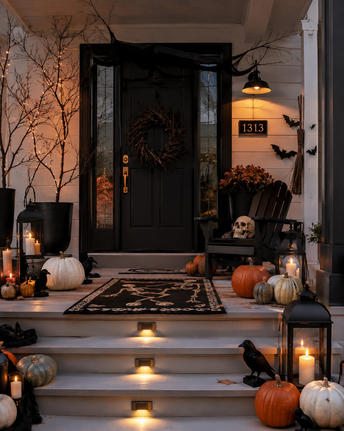 Obsessed with this moodier Halloween porch look 🖤🎃 The black door, bare branches, crows, pumpkins, lanterns, and soft candlelight make it feel a little spooky but still so chic. Such a fun porch idea if you want Halloween decor that feels elevated and Pinterest-worthy.

#HalloweenPorchIdeas #SpookyPorch #HalloweenDecorIdeas #MoodyHalloween #HalloweenHomeDecor #FallFrontPorch #PumpkinSeason #PorchInspo #HalloweenAesthetic #AutumnPorch #SpookyDecor #OctoberVibes #FallHomeInspo 

 #LTKSeasonal #LTKHome #LTKSaleAlert