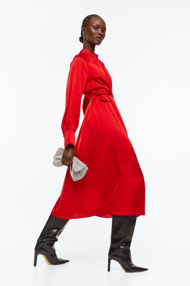 Tie-belt Satin Dress - Bright red - Ladies | H&M US | H&M (US)