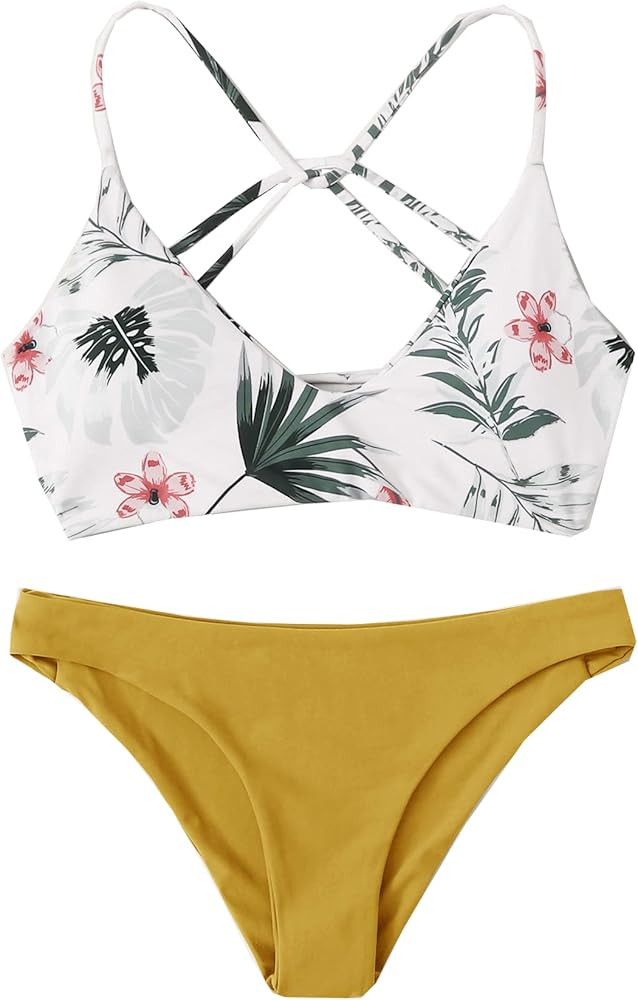 SweatyRocks Women's Sexy Bathing Suit Floral Print Cross Back Bikini Set Swimsuits | Amazon (US)