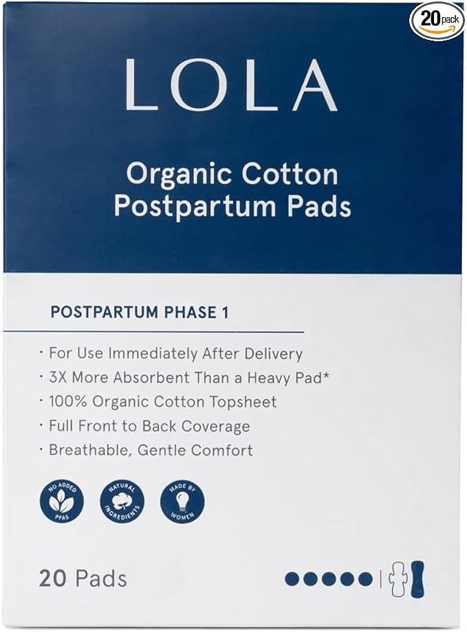 LOLA Organic Cotton Postpartum Pads - 20 Count, Ultra Absorbent and Extra Long Pads, Overnight an... | Amazon (US)