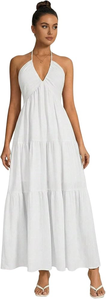 OYOANGLE Women's Summer Beach Sundress Formal Wedding Guest Dress Backless Flowy Vacation Boho Ma... | Amazon (US)