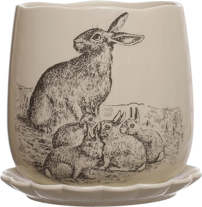 Creative Co-Op 6.5 Inches Round Stoneware Rabbit Design and Scalloped Saucer, Holds 5 Inches Pot,... | Amazon (US)