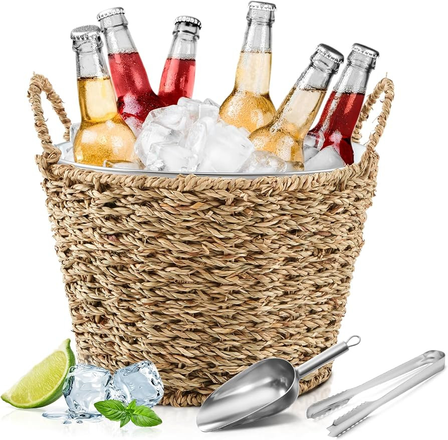 5 Quart Ice Bucket with Wicker Outer Basket, Scoop, Tong and Handle, Beverage Tub Grass Rope Wove... | Amazon (US)