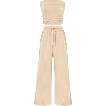 PRETTYGARDEN Womens Summer Outfits 2 Piece Sets Casual Ribbed Knit Crop Tube Top Wide Leg Pants S... | Amazon (US)