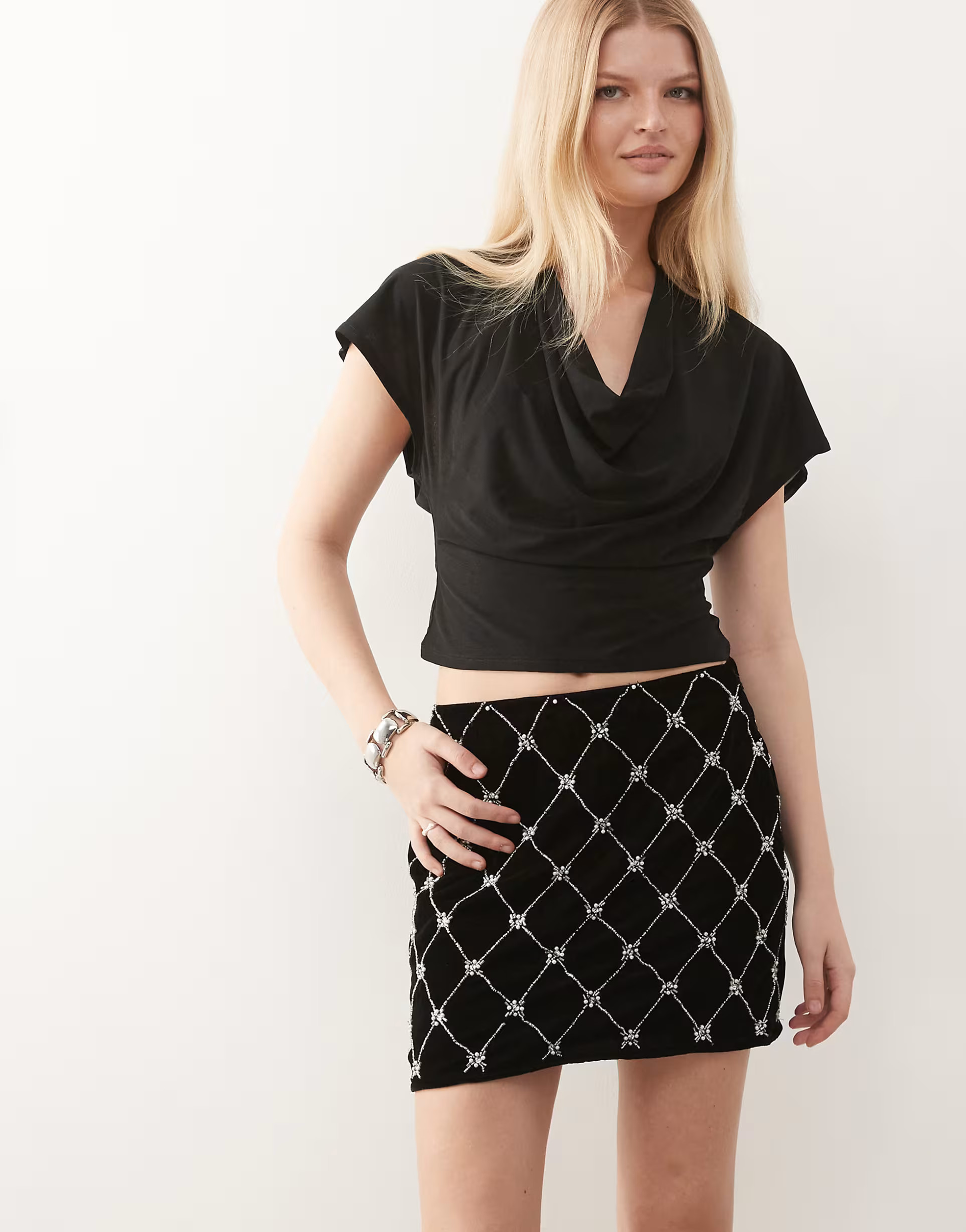 Miss Selfridge embellished velvet mini skirt in black | ASOS (Global)