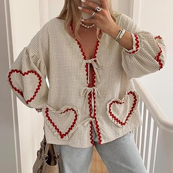 MOLERFO Tie Front Tops for Women Gingham Babydoll Bow Top Puff Sleeve Coquette Tops Heart Long Sl... | Amazon (US)