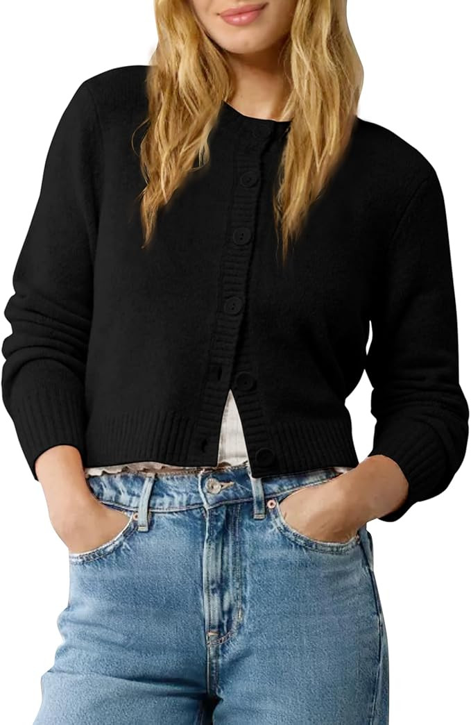 Urban CoCo Women's Crew Neck Cropped Cardigan Sweaters Long Sleeve Open Front Button Down Shrug S... | Amazon (US)