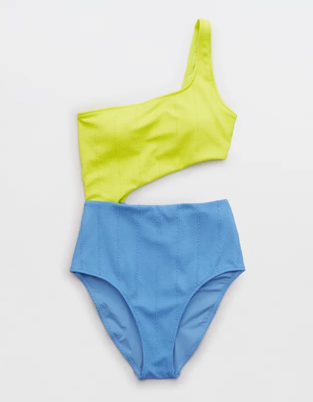 Aerie Crinkle Asymmetrical Cut Out One Piece Swimsuit | American Eagle Outfitters (US & CA)