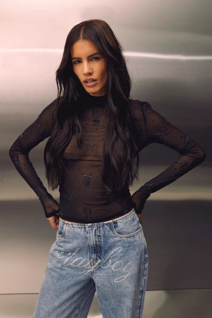 Playboy Diamante Hotfix Mesh Long Sleeve Top | Boohoo.com (UK & IE)
