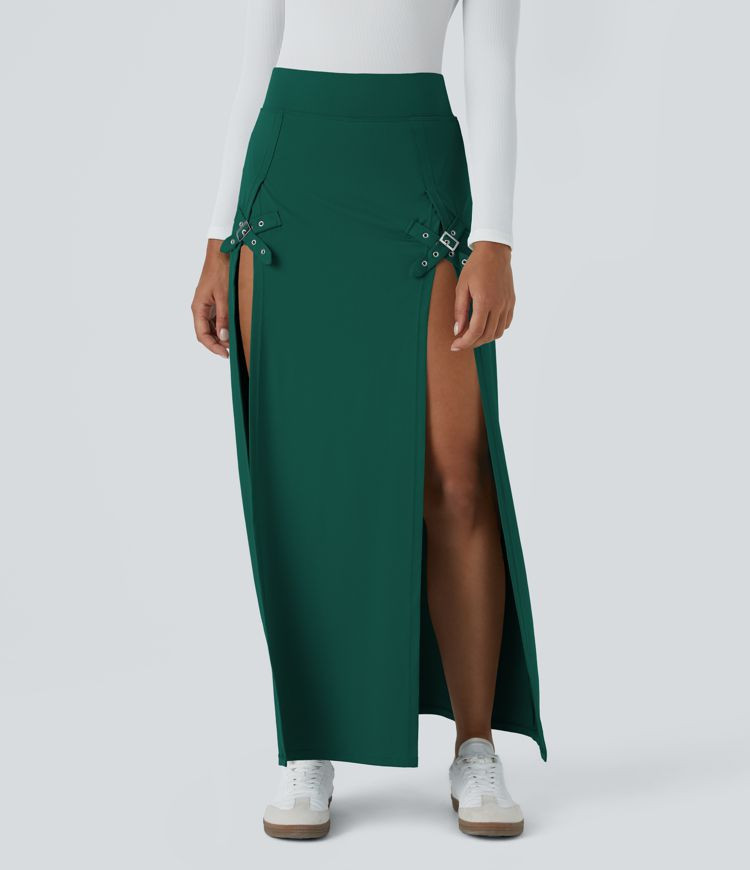 Women’s High Waisted Decorative Buckle Split 2-in-1 Maxi Casual Skirt - Halara | HALARA