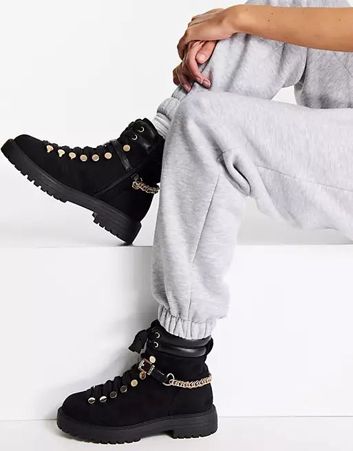 ASOS DESIGN Wide Fit Arabelle chain trim hiker boots in black | ASOS | ASOS (Global)