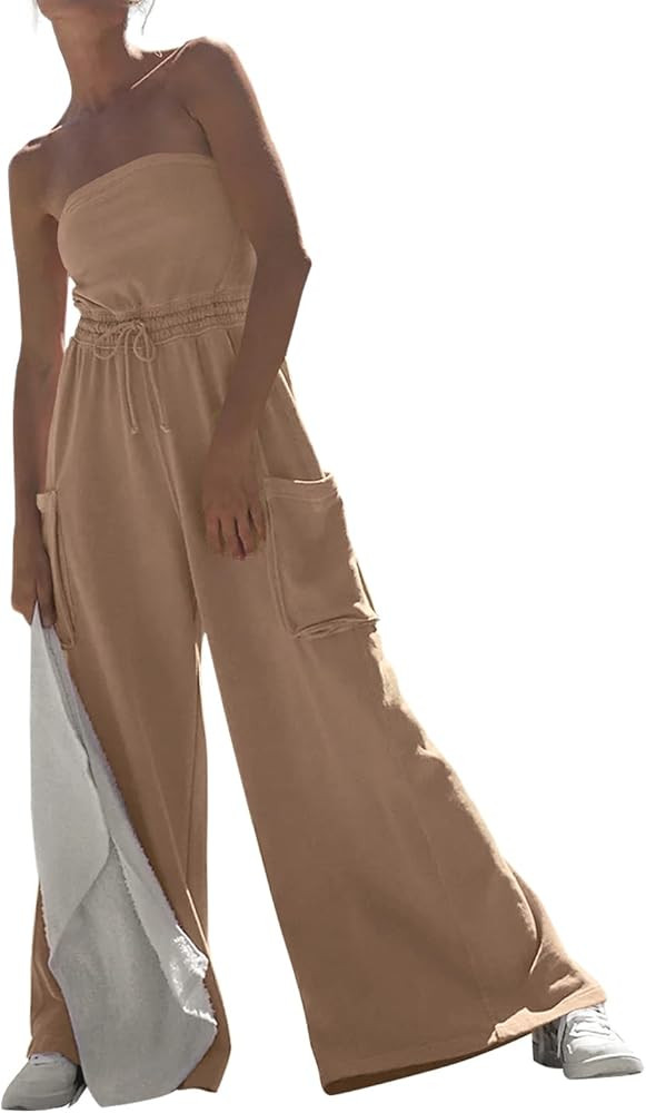 Feager Women's Oversized Strapless Off Shoulder Tube Top Jumpsuits Casual Wide Leg Long Pants Jum... | Amazon (US)