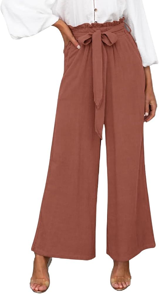 SySea Womens Linen Palazzo Pants High Waisted Wide Leg Casual Flowy Belted Work Trousers with Pocket | Amazon (US)