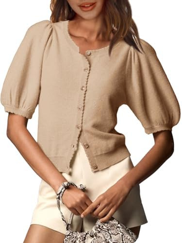 Saodimallsu Womens Puff Short Sleeve Cardigan Lightweight Summer Button Down Shirts Knit Crew Nec... | Amazon (US)