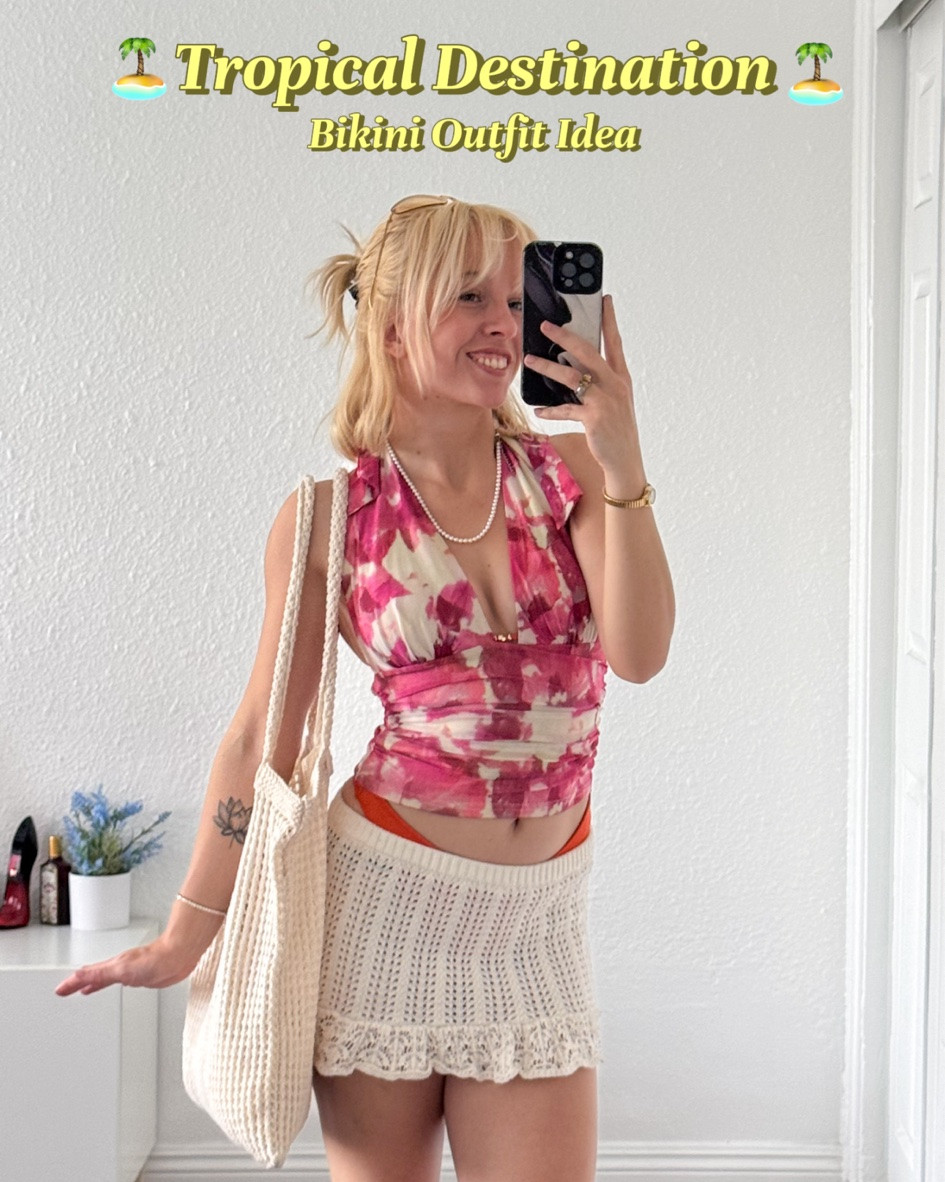 hiii! here’s an outfit i think would be so cute on a vacation somewhere humid! it’s perfect since it’s nice & breezy & you can wear your bikini under it in case you hit the beach later! 💖 here’s everything i wore for this outfit: - a floral halter top (lulus) - an orange bikini (cupshe) - a crochet mini skirt (pacsun) - a crochet tote bag (amazon) #vacationmode #outfitinspo #bikinioutfit

#LTKootd #LTKSwim #LTKTravel