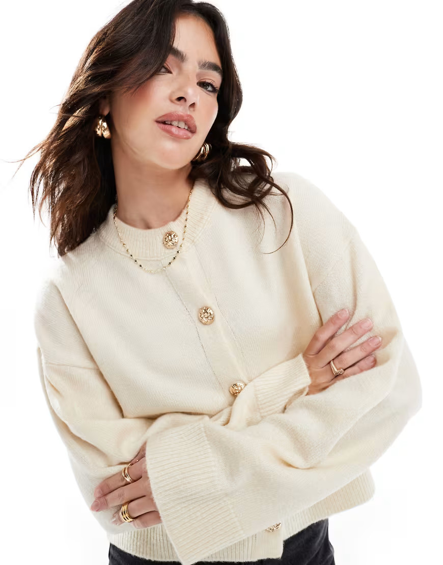 ASOS DESIGN crew neck cardigan with gold button detail in cream-White | ASOS (Global)