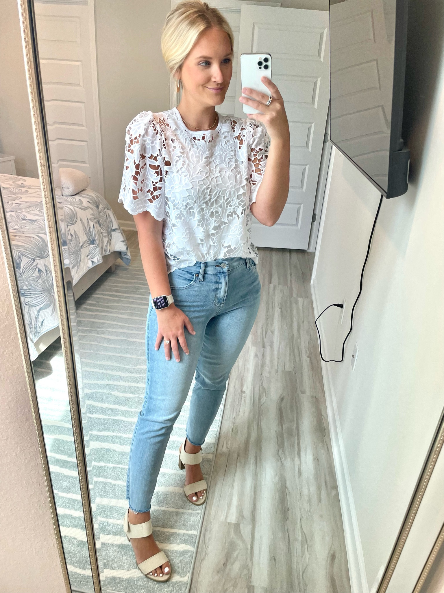 Casual Work Wear White Lace Top Skinny Ankle Jeans Linen Heels Open Toe Shoes Sandals Office Friday Spring Summer Fall Bodysuit Affordable Sale 

#LTKFindsUnder50