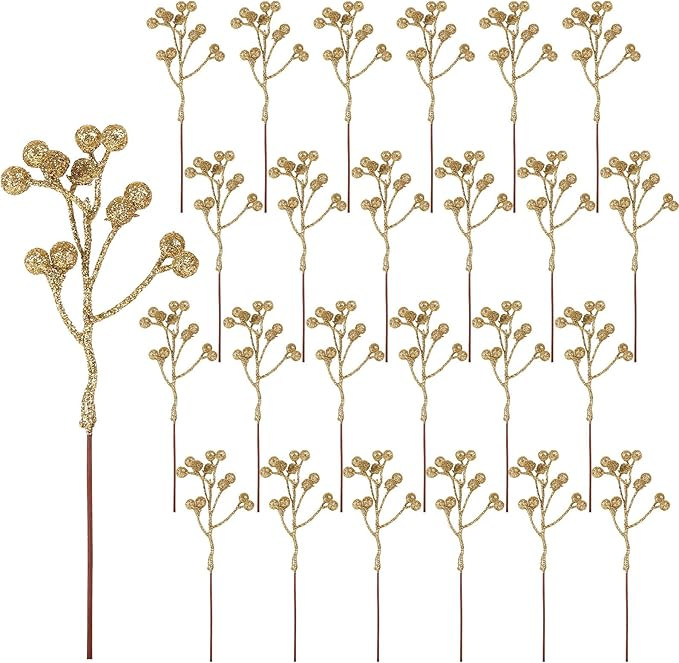 CCINEE 24 Pack Christmas Artificial Gold Berry Stems,6.9 Inch Xmas Gold Glitter Berry Picks Holly... | Amazon (US)