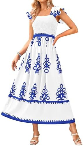 BTFBM Summer Dresses for Women 2026 Floral Smocked Boho Sleeveless Square Neck A Line Casual Beac... | Amazon (US)