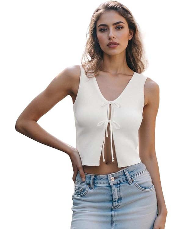 Womens Vintage Knittd Tank Y2k Vest Crop Top Sleeveless V-Neck Open Front Button Crochet Knit Ves... | Amazon (US)
