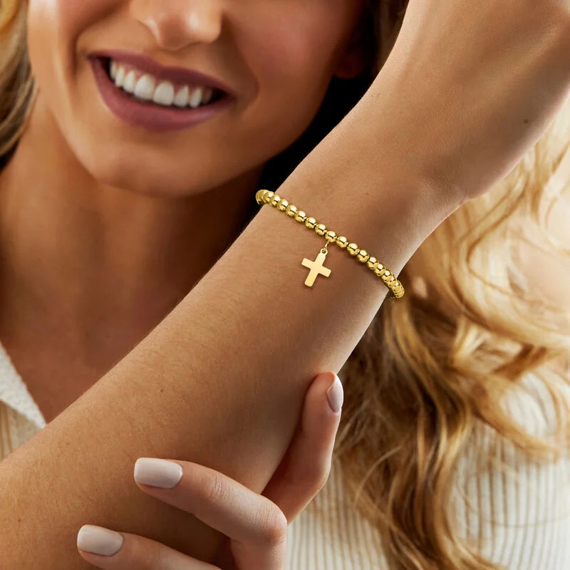 Italian 18kt Gold Vermeil Cross and 5mm Bead Stretch Bracelet. 7" | Ross-Simons