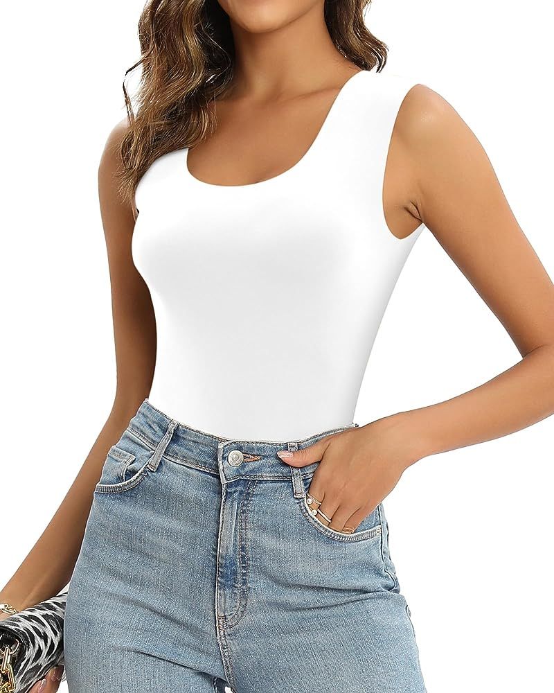 MANGOPOP Women Scoop Neck Sleeveless Bodysuit Double Lined Basic T Shirts Tank Tops | Amazon (US)