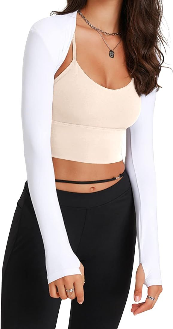 Women Workout Long Sleeve Bolero Shrug Crop Top with Thumb Hole Slim Athletic Open Front Cropped ... | Amazon (US)