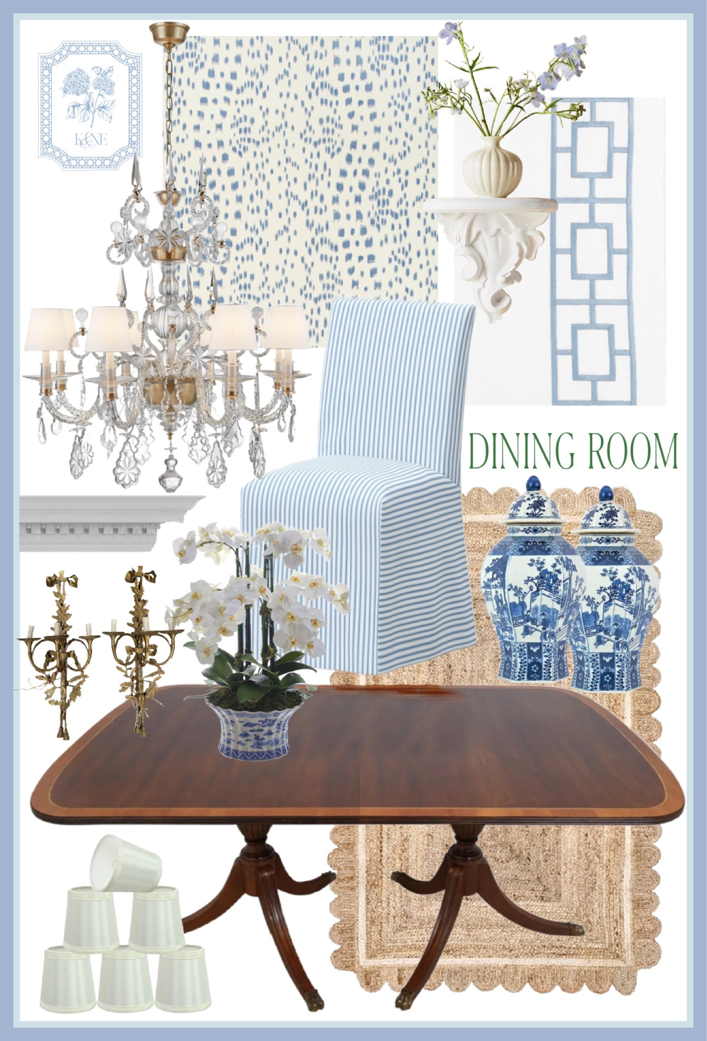 Finds for our dining room project: Brunschwig & Fils Les Touches Wallpaper, Embroidered Trellis Trim Curtains (on sale), Scalloped Jute Rug, Vintage Cherry Pedestal Table, crystal Chandelier, Dental Crown Moulding, White Bracket, Slipcovered Parsons Dining Chair, vintage wall sconce, blue and white temple jars, faux orchid in planter, silk candelabra shades

#LTKhome #LTKsalealert