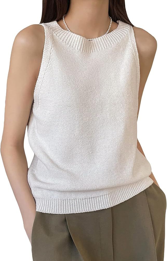 Verdusa Women's Slit Hem Sleeveless Round Neck Knitted Sweater Vest Tank Top | Amazon (US)