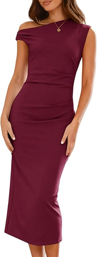 Wenrine Womens One Shoulder Midi Dress Elegant Bodycon Sleeveless Knit Ruched Slit Cocktail Party... | Amazon (US)