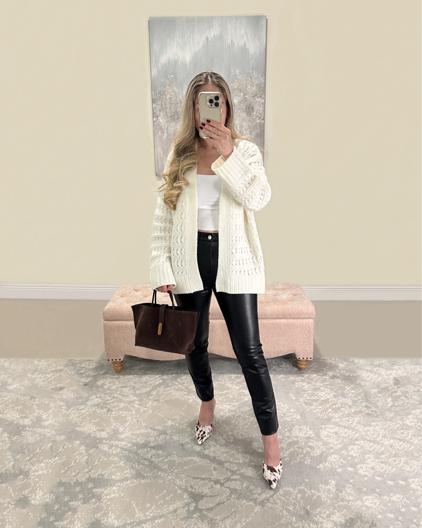 Weekend outfit. Faux Leather pants. High rise pants. Skinny pants. Cardigan sweater. Brown bag. Tote bag. Cow print mules. Thanksgiving outfit inspo 💫

#LTKHoliday #LTKFindsUnder100 #LTKFindsUnder50