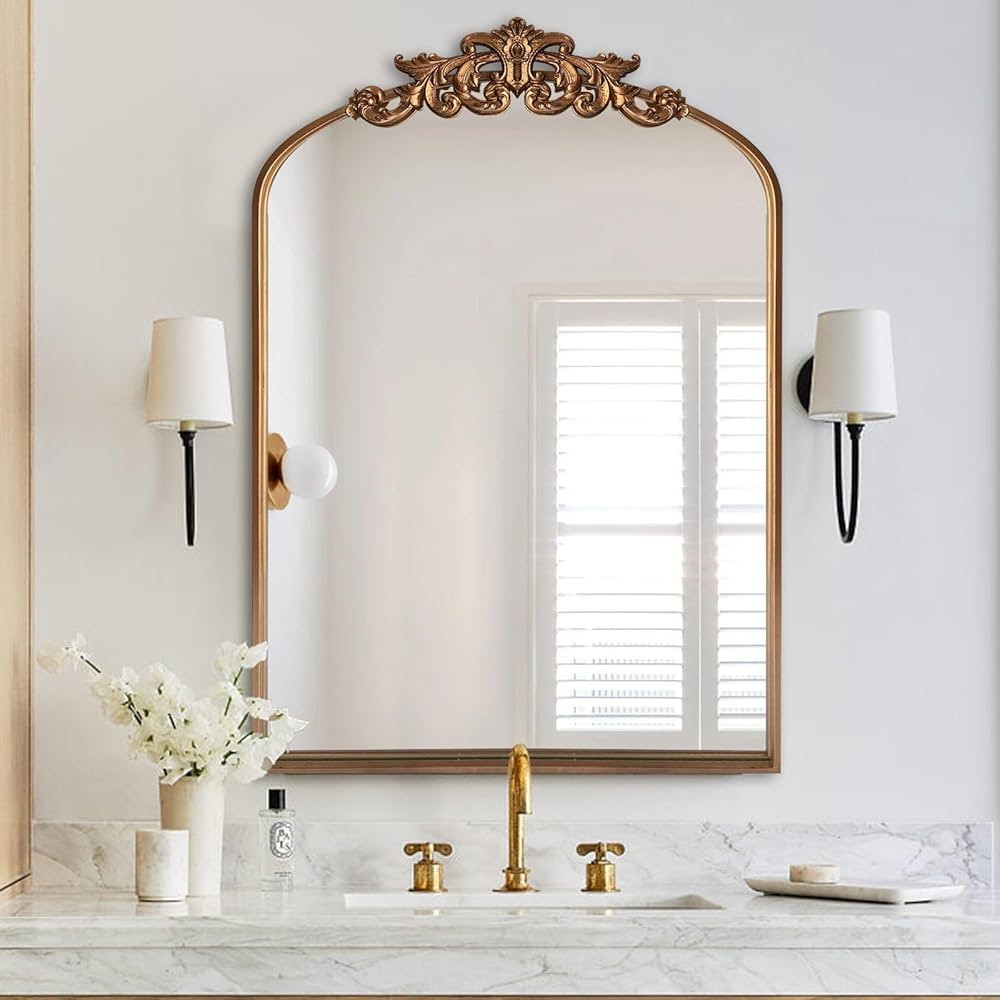 Gold Arched Mirror, 24"x36" Ornate Baroque Mirrors, Antique Carved Mantel Mirrors, Traditional Vi... | Amazon (US)