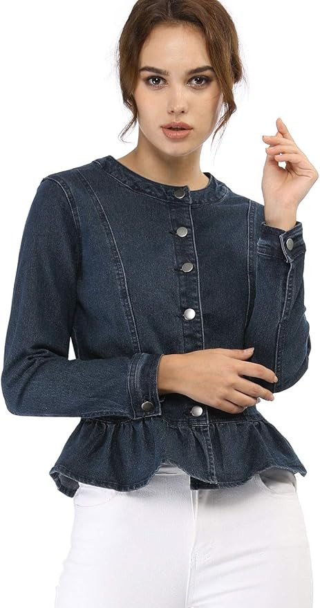 Allegra K Women's Peplum Denim Jackets Collarless Round Neck Button Down Cropped Ruffle Hem Jacke... | Amazon (US)