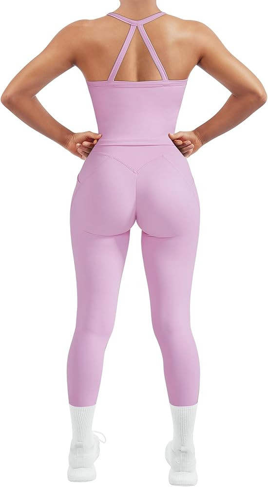 SUUKSESS Women 2 Piece Workout Sets Compression Tummy Control Leggings with Pockets Halter Built ... | Amazon (US)