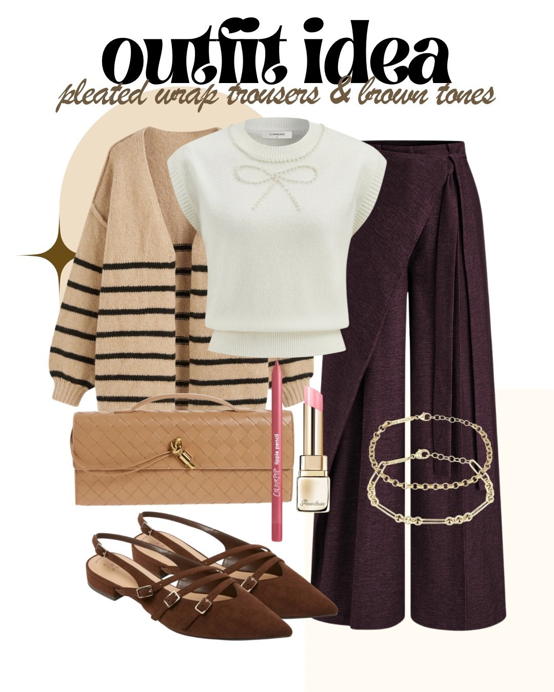 Obsessed with this sophisticated and chic outfit idea featuring these gorgeous pleated wrap trousers! ✨ The rich burgundy hue pairs perfectly with warm brown and neutral tones for an effortlessly polished look. I'm loving the pearl detail on the sweater vest and the cozy striped cardigan for layering. Perfect for the office, a stylish brunch, or even a casual evening out. All links to shop this entire look are in my bio! Which piece is your favorite? 👇

#OutfitIdea #PleatedTrousers #WrapPants #BurgundyFashion #BrownTones #FallFashion #WinterFashion #ChicStyle #OfficeWear #FashionInspo #OOTD #StyleGoals #LTKFashion #StatementPants #MustHave #ElegantFashion #Workwear #CasualChic #OutfitInspiration #FashionBlogger #InstaFashion #ShopTheLook #LayeringStyle #PearlDetails

#LTKSeasonal #LTKHoliday #LTKootd