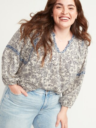 Oversized Floral-Print Split-Neck Plus-Size Poet Blouse | Old Navy (US)