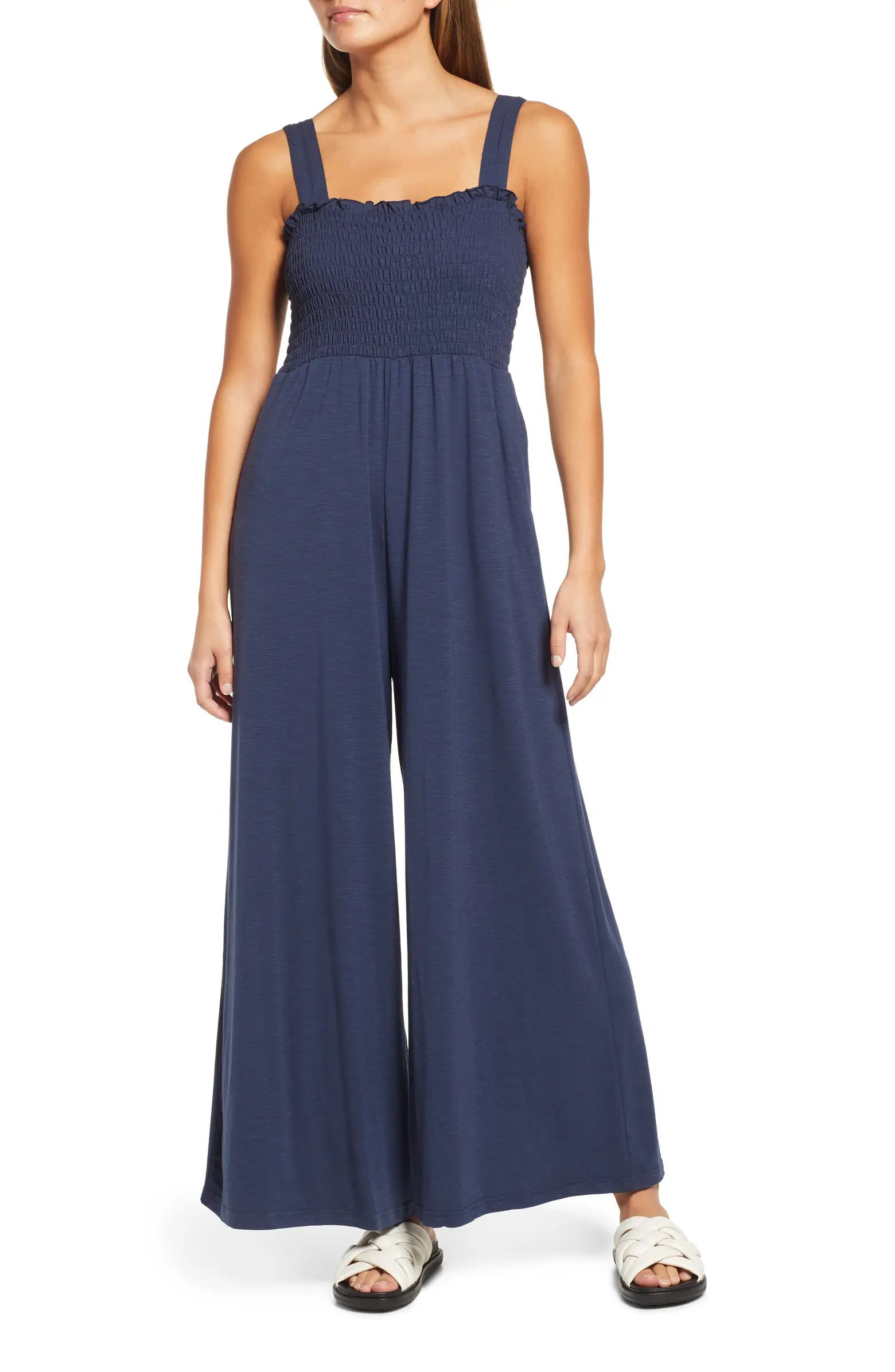 Roxy Just Passing By Smocked Square Neck Wide Leg Jumpsuit | Nordstrom | Nordstrom