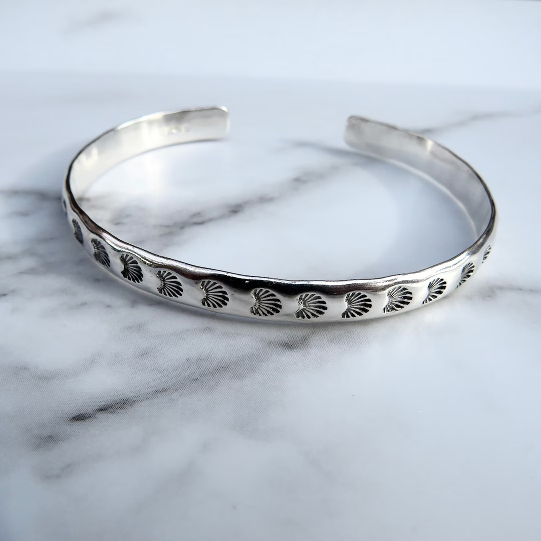 Chunky Seashell Stamped Silver Cuff Bracelet, Patterned Seashell Bracelet, Heavy Sunshine Sterlin... | Etsy (US)