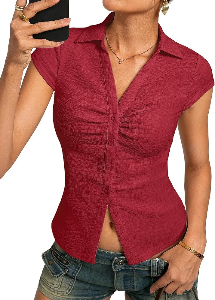 Kate Kasin Women Button Down Blouse, V-Neck Ruched Tops with Y2K Collar, Slim Fit Cap Sleeve Busi... | Amazon (US)