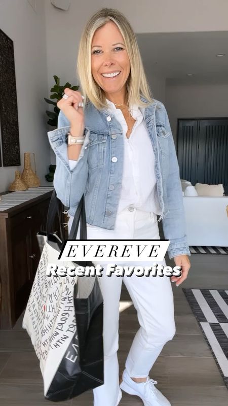 Jeans shirts spring tops denim jacket sneakers evereve spring dress dresses 

Small pink henley, white gauze top and blue shacket. XS in all dresses, denim jacket and other tops. 26 in the white jeans and Paige jeans. Shoes run true to size  

#LTKstyletip #LTKshoecrush #LTKSeasonal