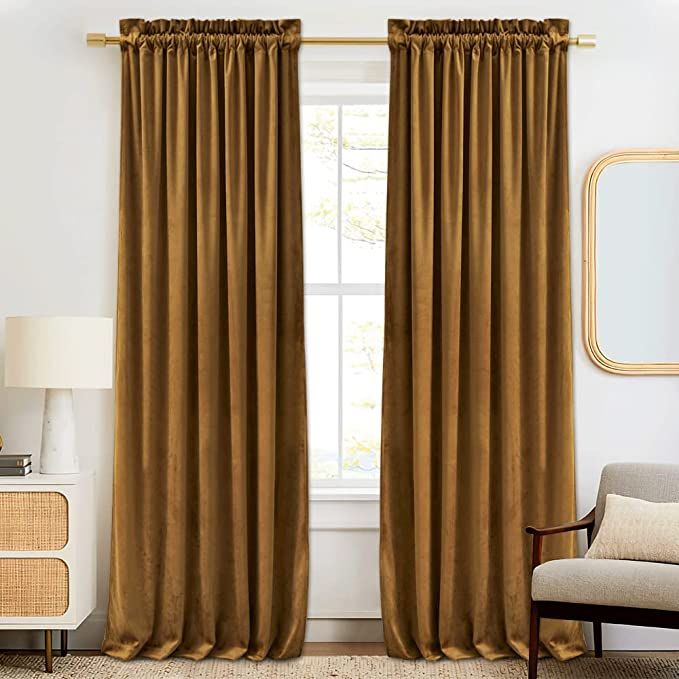 RYB HOME Gold Brown Velvet Curtains for Living Room, Luxury Solid Window Decor Room Darkening The... | Amazon (US)