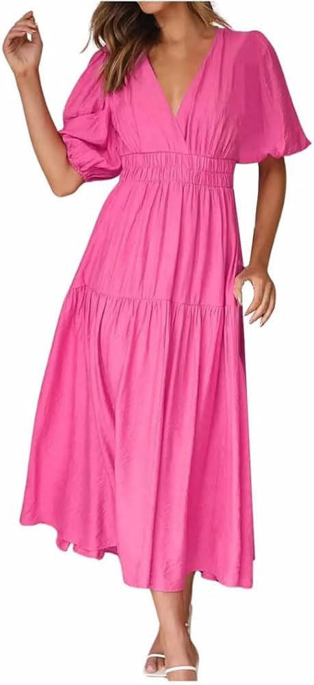 Women's V-Neck Long Summer Puff Short Sleeve Maxi A-Line Slim Waist Pleated Dresses | Amazon (US)