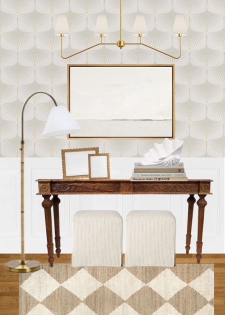 One entryway three ways: spoonflower peel and stick wallpaper, Amazon art prints, gospel coffee table, McGee floor lamp, Studio McGee ottomans, scalloped rattan picture frames, budget amazon lighting, coastal grandma decor style, checkered jute rug

#LTKhome #LTKstyletip #LTKsalealert