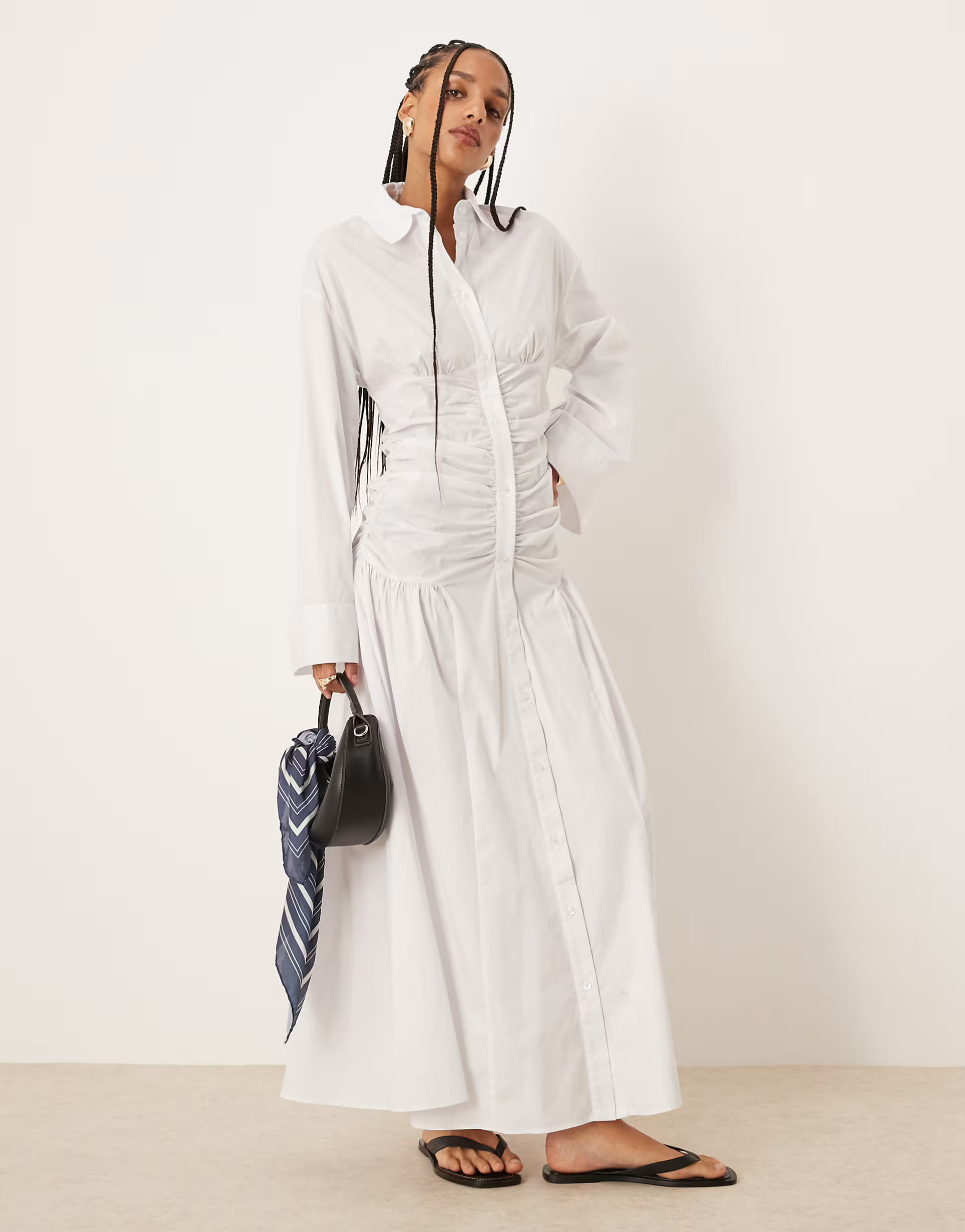 ASOS DESIGN maxi shirt dress with ruched bodice and dropped waist in white | ASOS (Global)