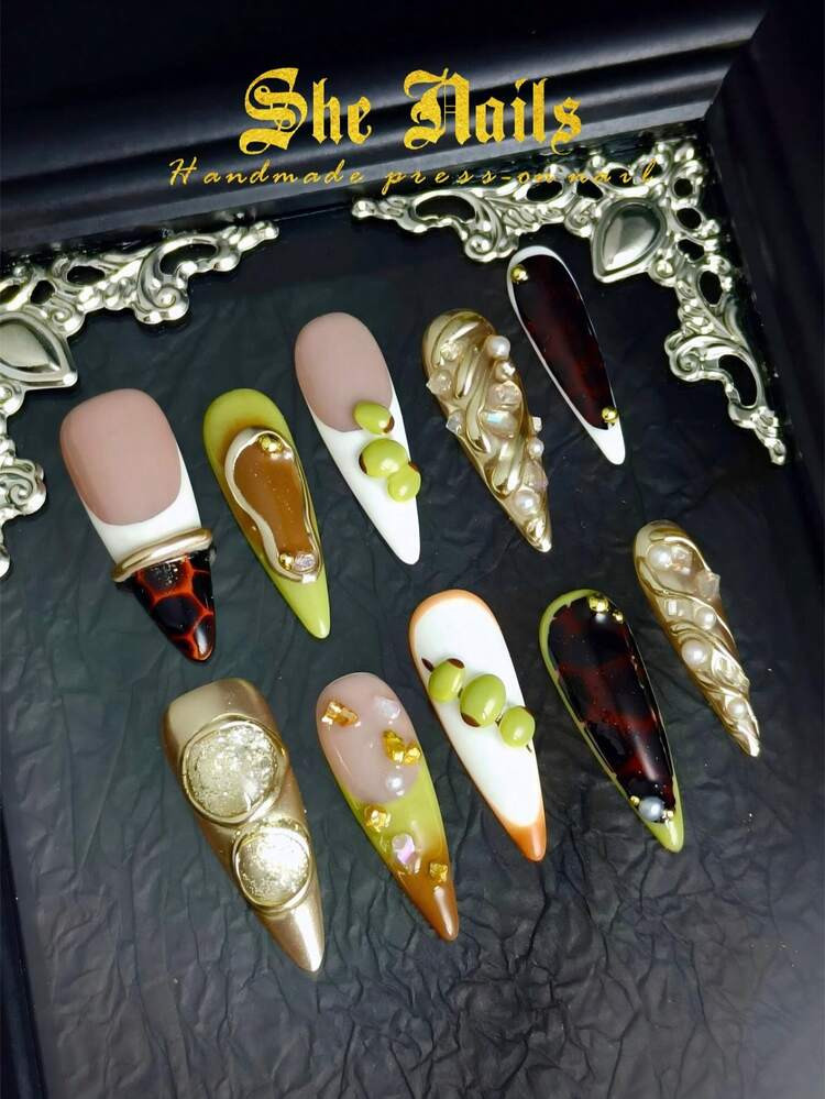 Cute Baroque Leopard Print Zebra Print Nails Look With 10pcs Orange Nails, Blue Nails, Gold Nails... | SHEIN