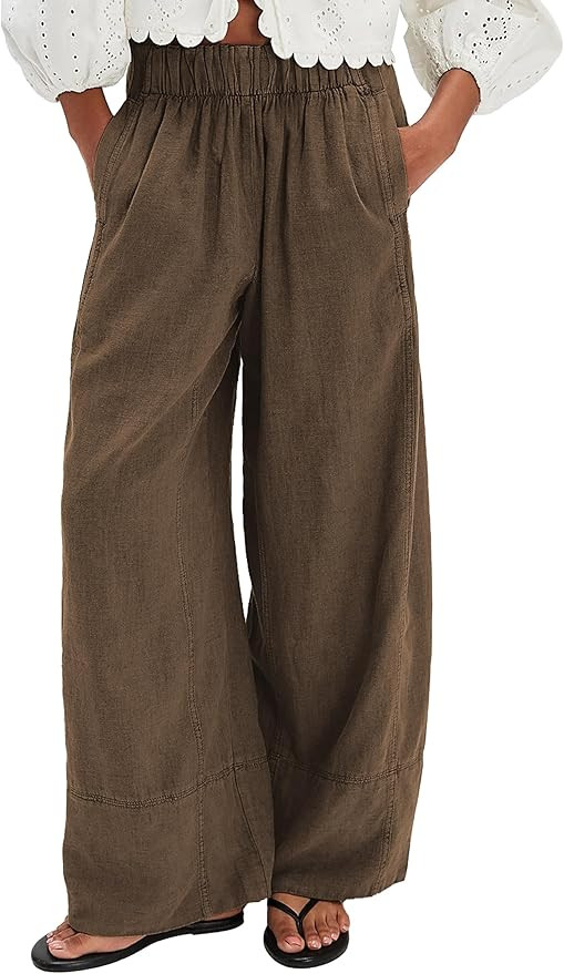 Women's Linen Wide Leg Pants Elastic Waist Summer Boho Palazzo Pants Beach Vacation Casual Trouse... | Amazon (US)